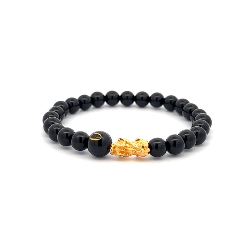 18K Gold Pixiu Piyao Bracelet Gemstones Onyx 6mm Elastic Bracelet Letter O